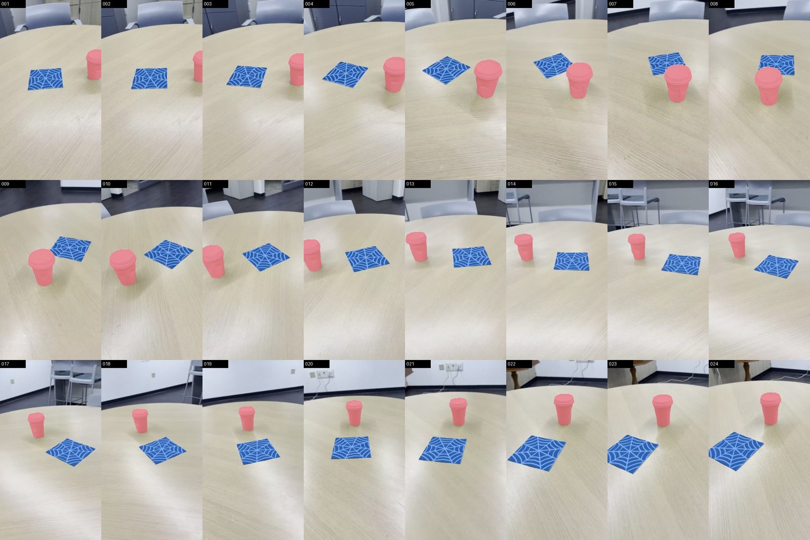 Contact sheet of 24 frames with the cup masked red and the napkin masked blue